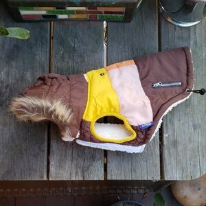 Colorblock Small Dog Packable Puffer Jacket with Faux Fur Hood